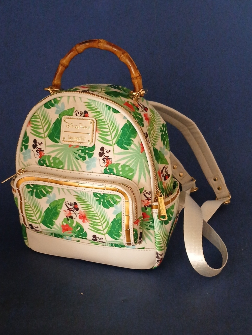 Loungefly White & Green Mickey Tropical Leaf Mini Backpack Like New